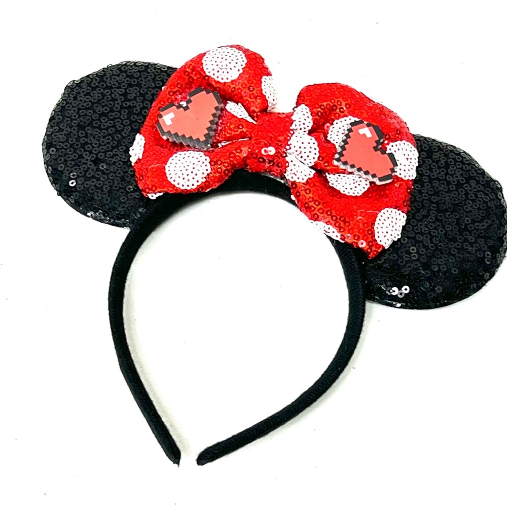 Disney Love Sequin Ears Headband with Red Bow and  Love Hearts.